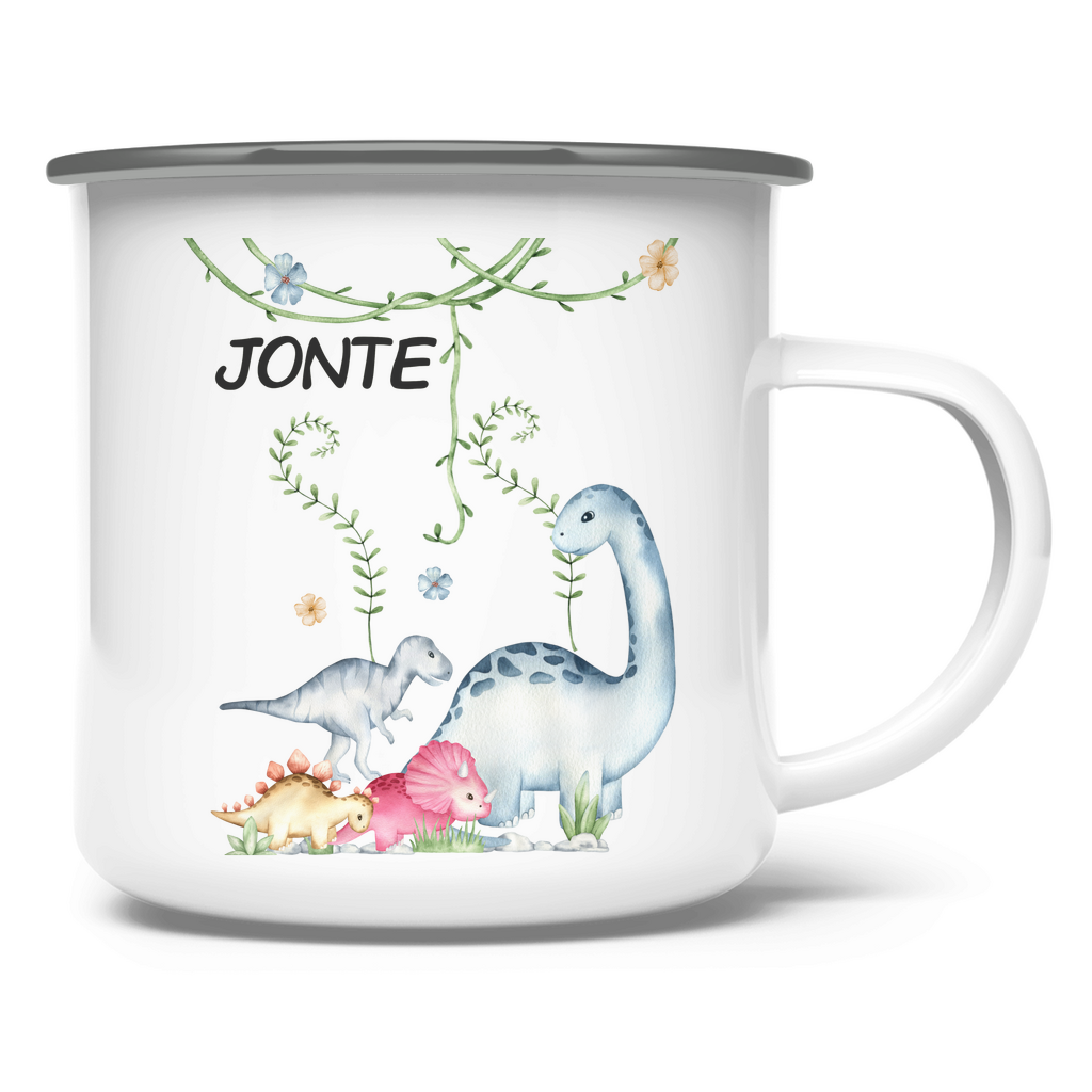 Emaille Tasse personalisiert – Kindertasse mit Namen und Dinosaurier