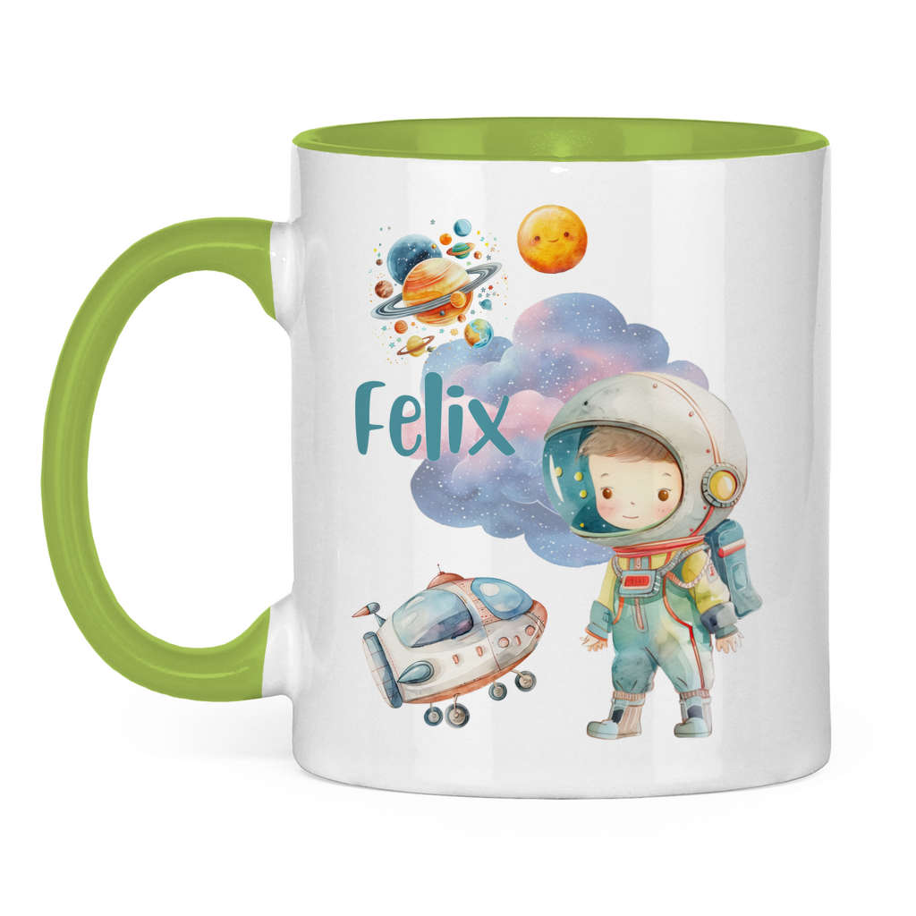 Kindertasse personalisiert – Keramiktasse mit Weltall, Rakete und Namen