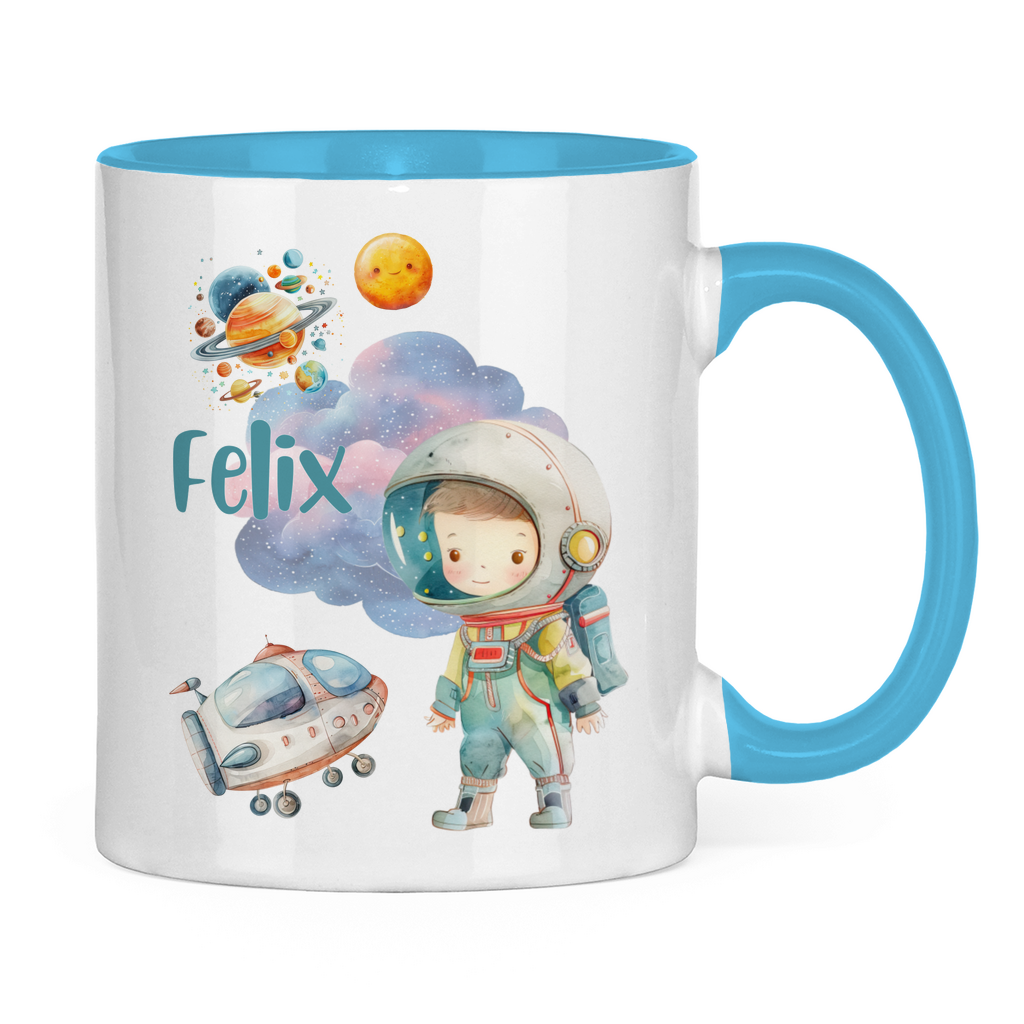 Kindertasse personalisiert – Keramiktasse mit Weltall, Rakete und Namen
