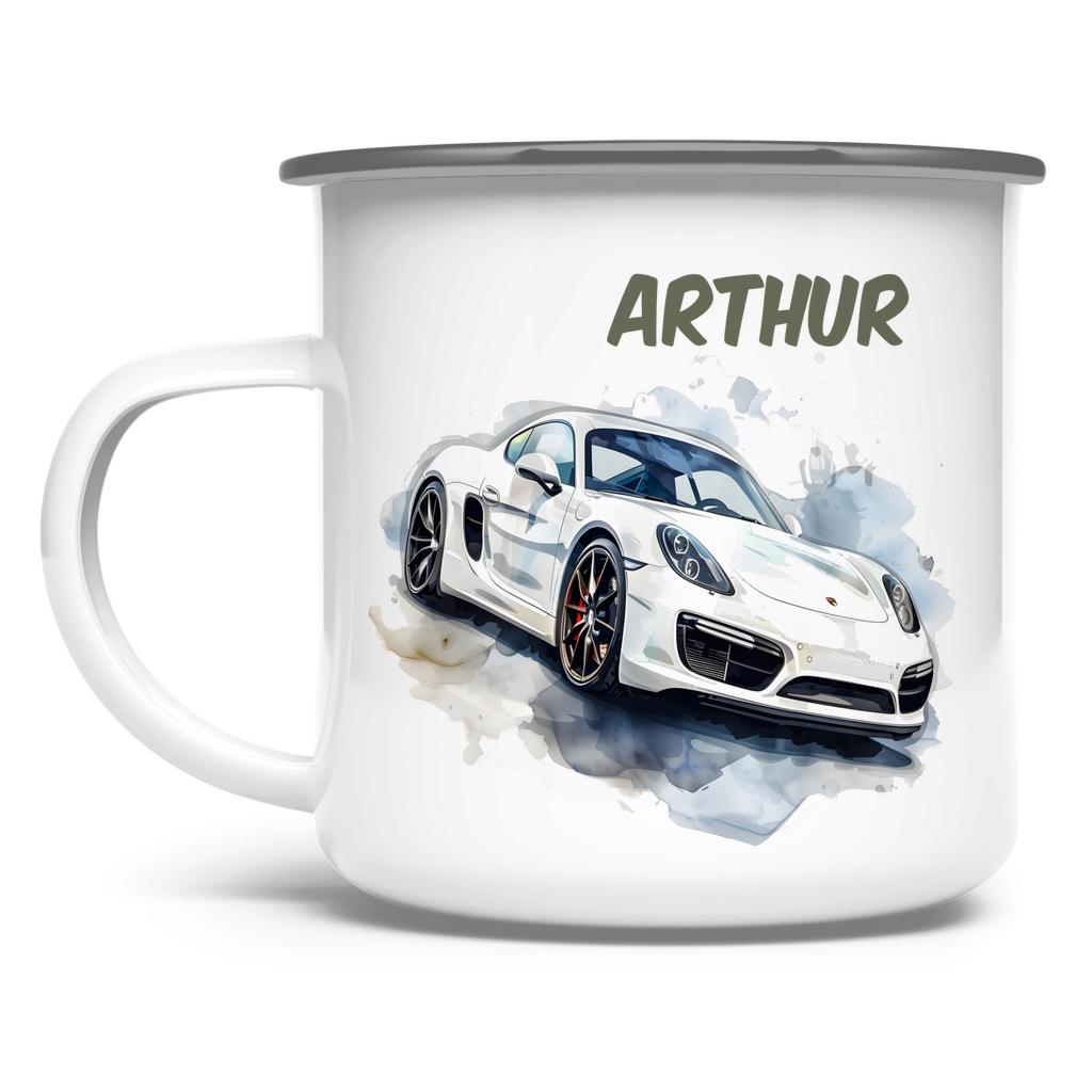 Emaille Tasse personalisiert – Kindertasse mit Namen und Rennwagen