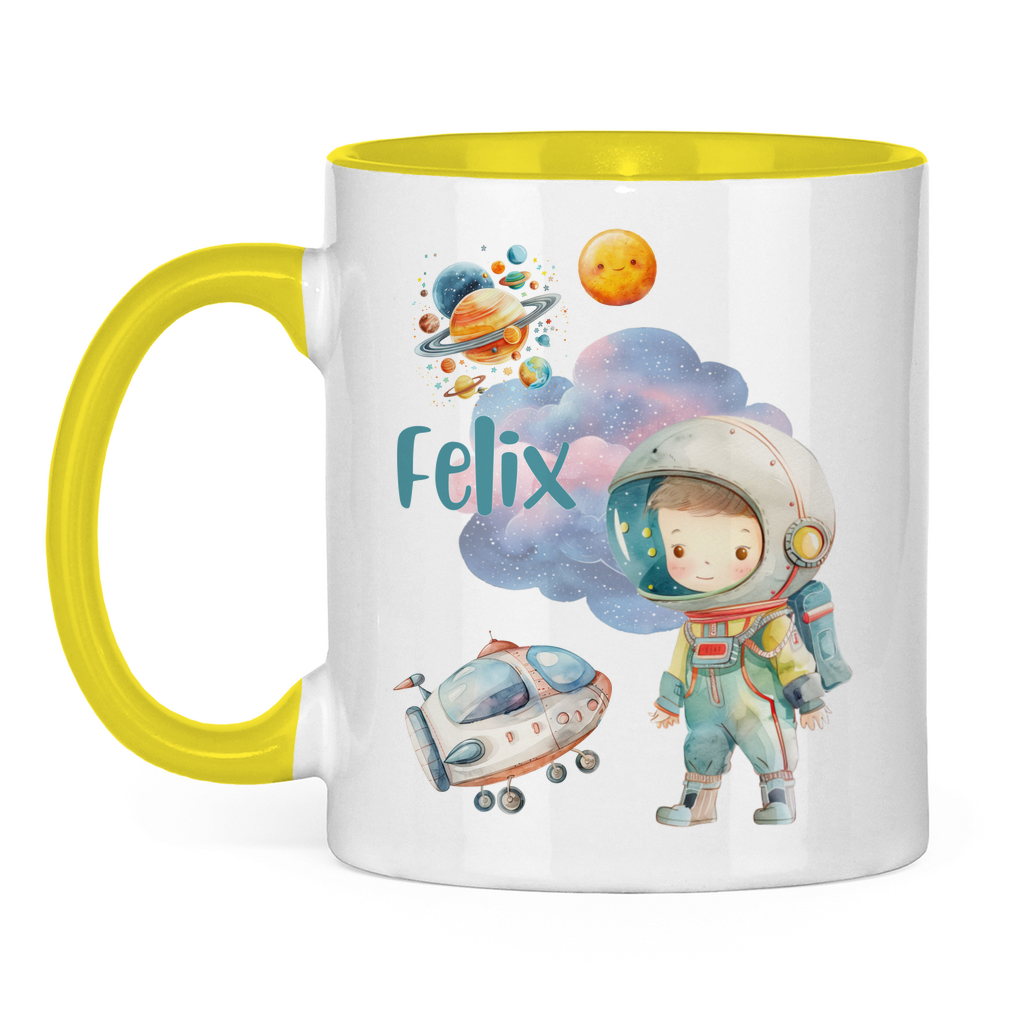 Kindertasse personalisiert – Keramiktasse mit Weltall, Rakete und Namen