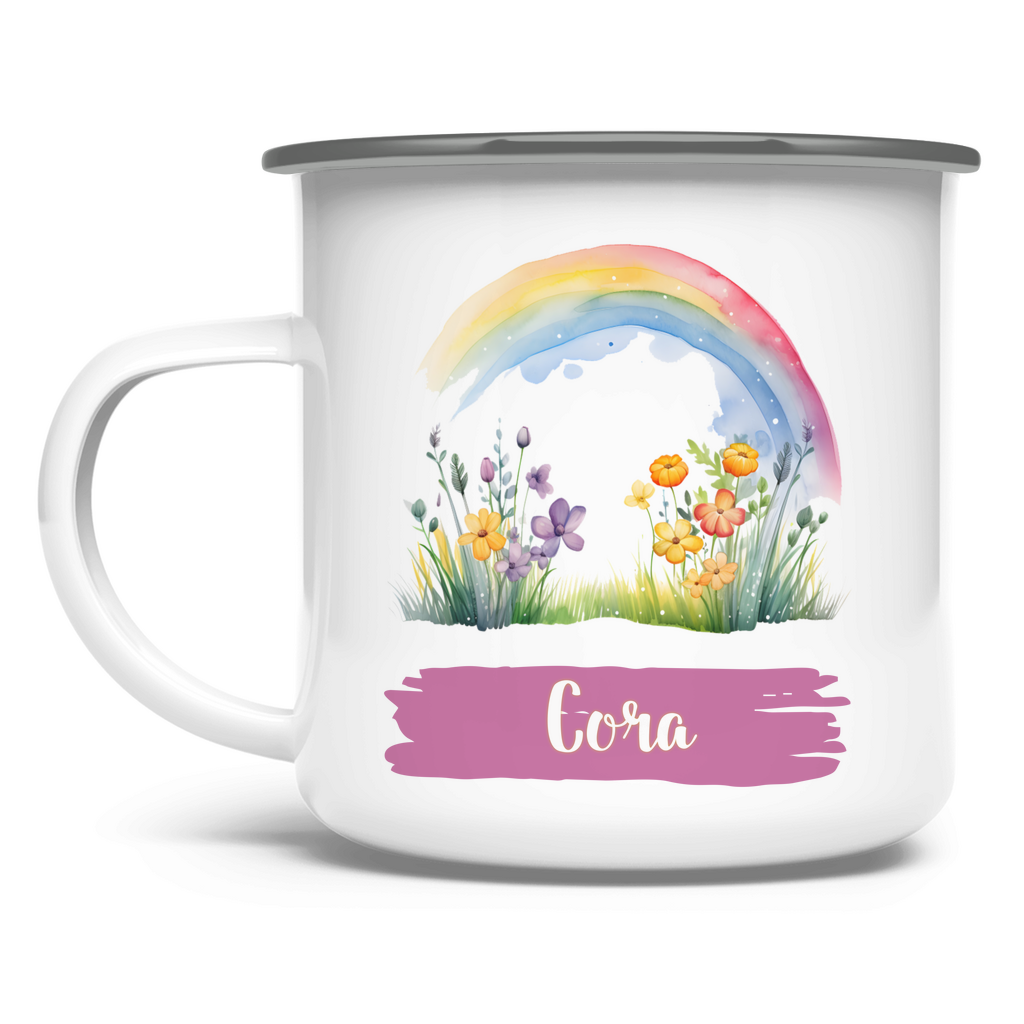 Emaille Tasse personalisiert – Kindertasse mit Namen und Regenbogen