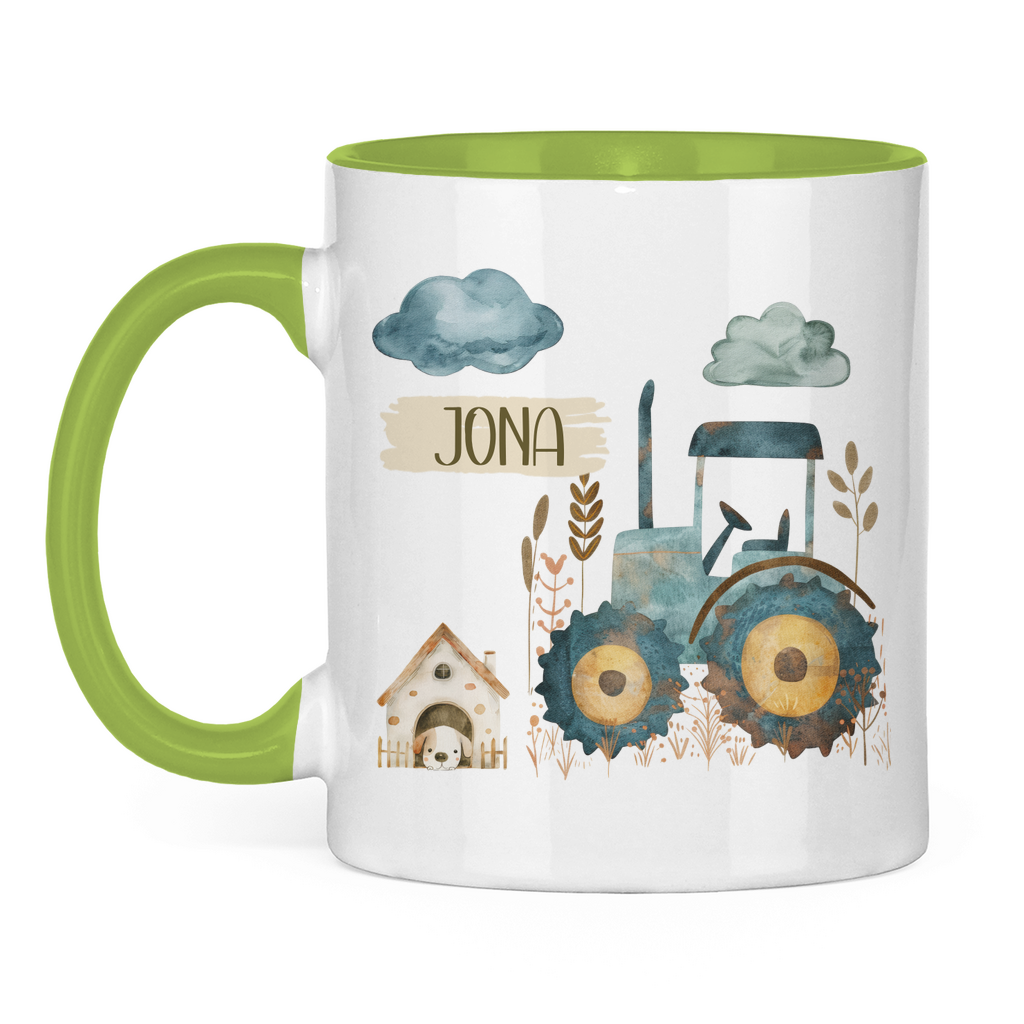Kindertasse personalisiert – Keramiktasse mit Traktor und Namen für Kinder