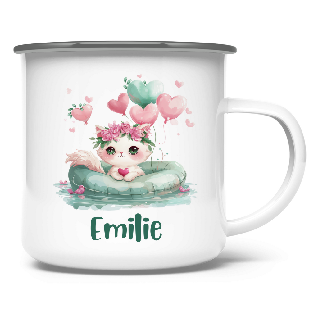 Emaille Tasse personalisiert – Kindertasse mit Namen und grünen Tiermotiven