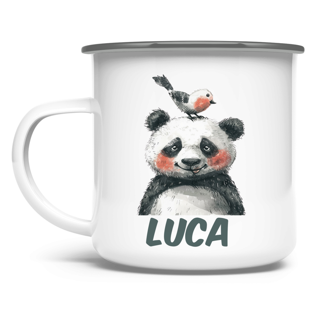 Emaille Tasse personalisiert – Kindertasse mit Namen und bunten Tieren