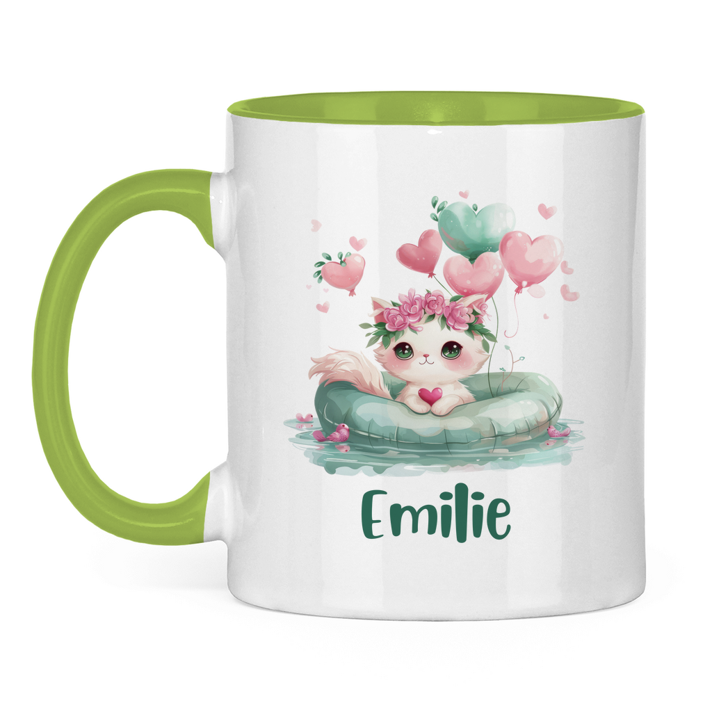 Kindertasse personalisiert – Keramiktasse mit grünen Tieren und Namen