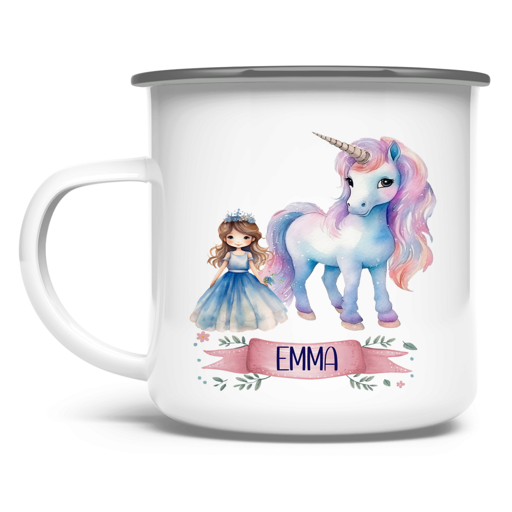 Emaille Tasse personalisiert – Kindertasse mit Einhorn und Namen