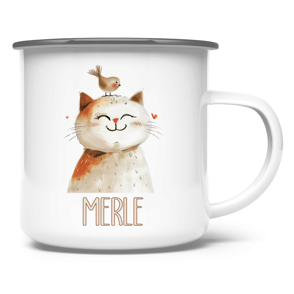 Emaille Tasse personalisiert – Kindertasse mit Namen und beigen Tieren