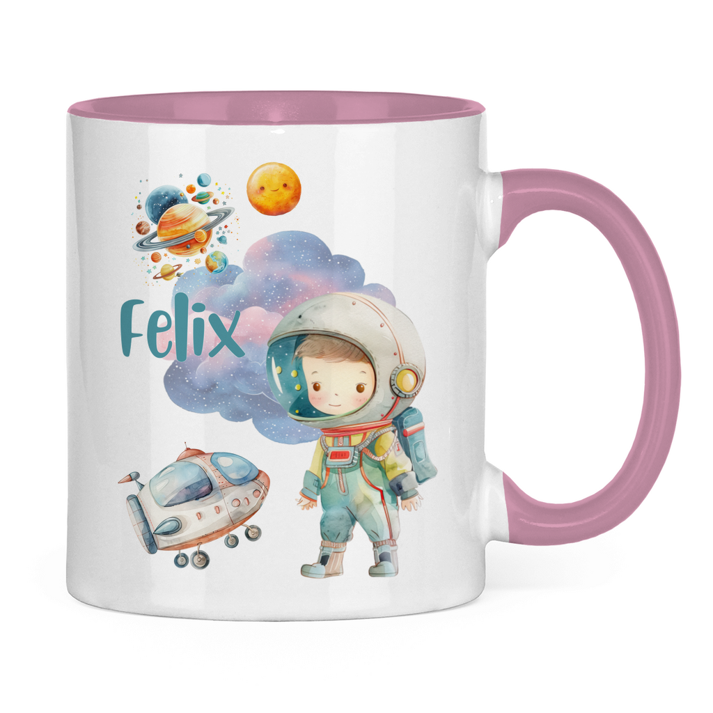 Kindertasse personalisiert – Keramiktasse mit Weltall, Rakete und Namen