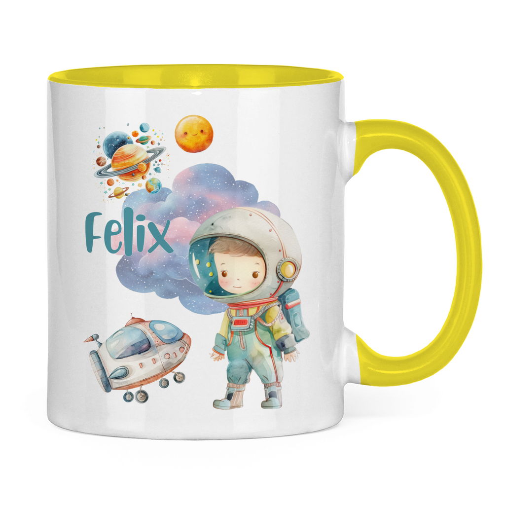 Kindertasse personalisiert – Keramiktasse mit Weltall, Rakete und Namen