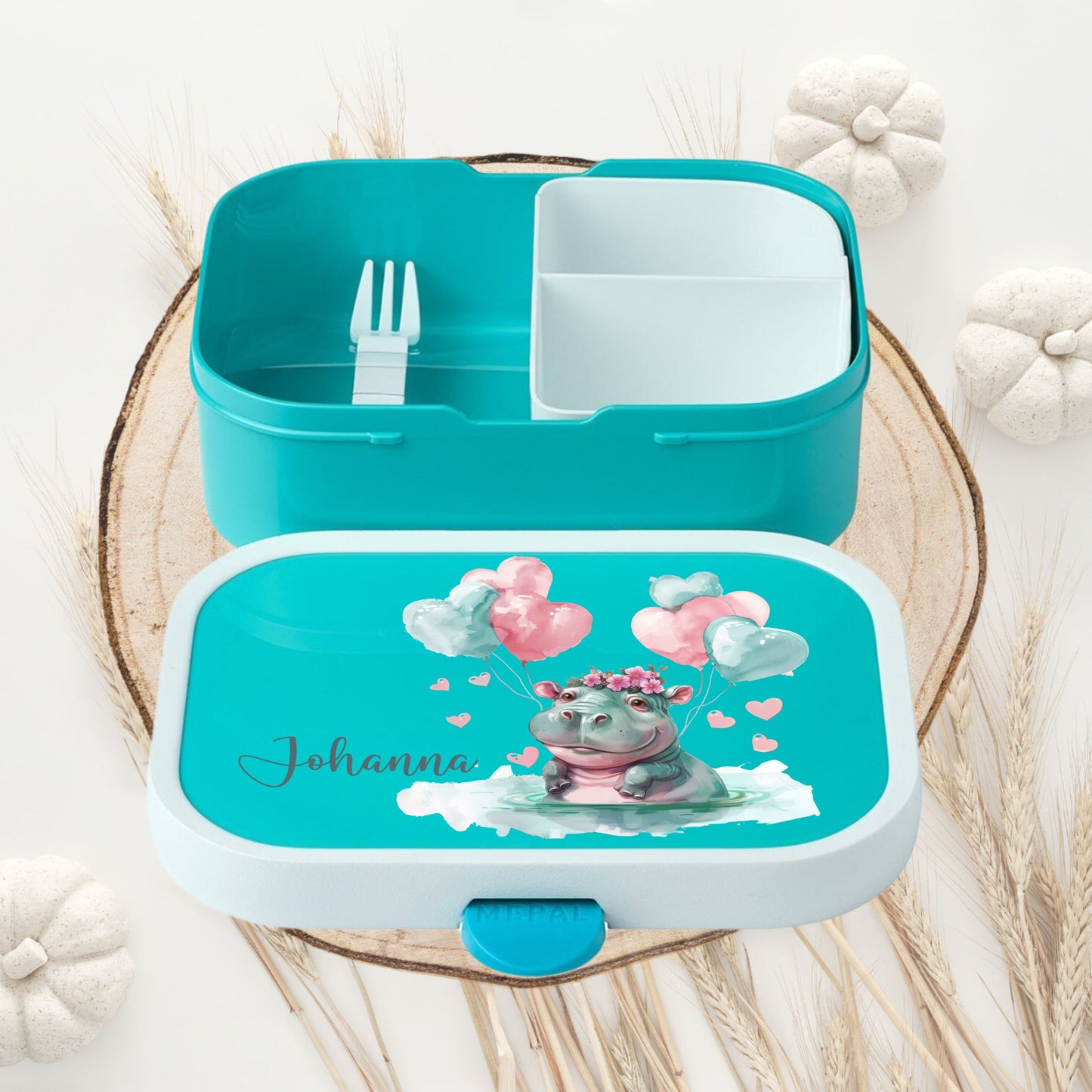 Lunchbox türkis mit Tiermotiven, Obsteinsatz und Wunschnamen personalisiert - Schildkröte, Pinguin, Katze, Hase