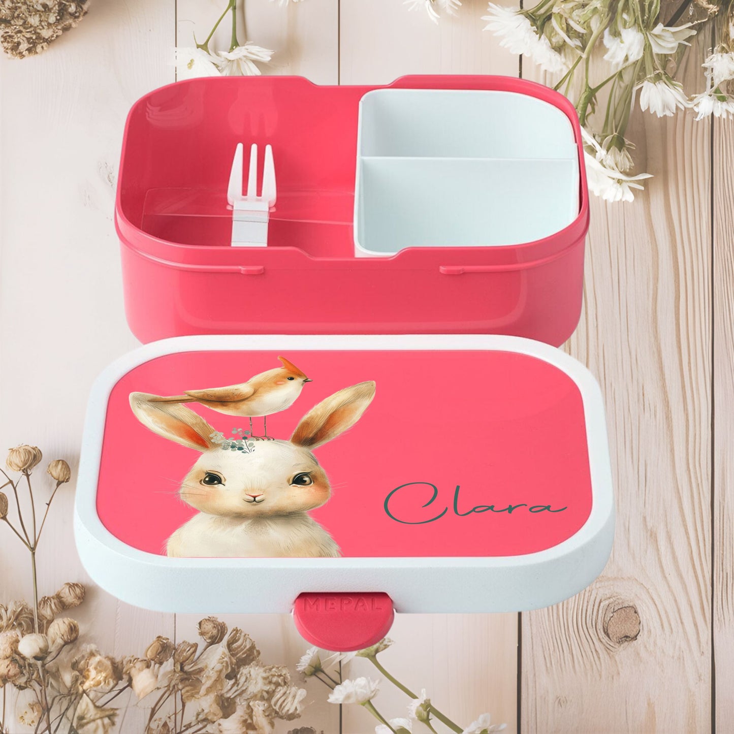 Lunchbox rosa mit lustigen Tieren, Obsteinsatz und Namen bedruckt - Kuh, Löwe, Eule, Giraffe