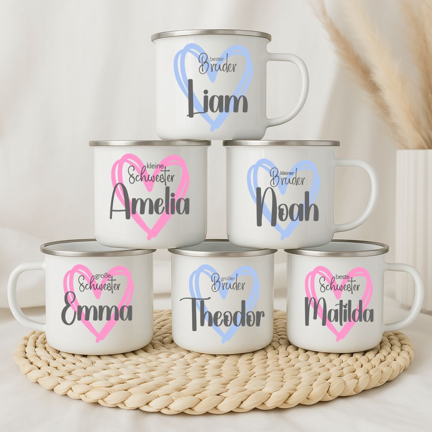 Emaille Tasse personalisiert – Kindertasse mit Namen für Geschwister – Große Schwester, Kleiner Bruder, Beste Schwester