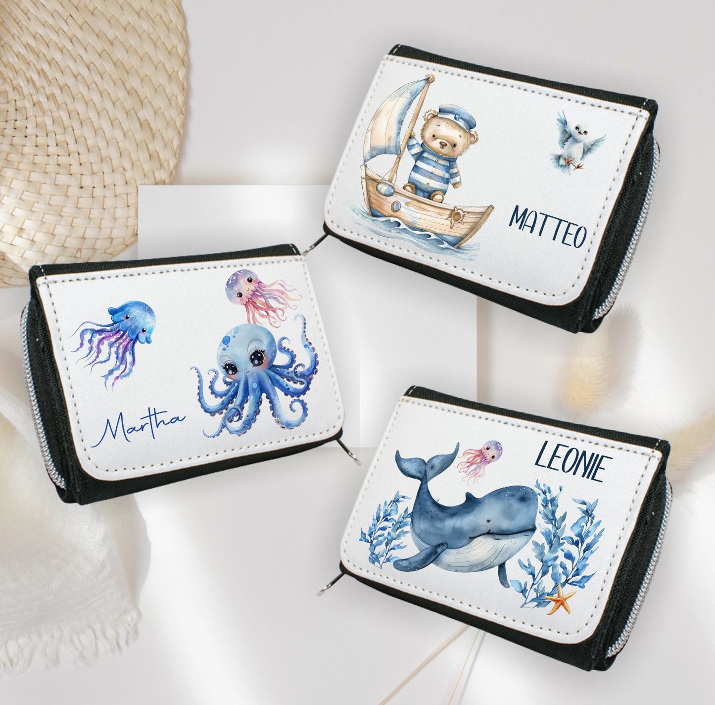 Kinder Geldbeutel mit maritim Motiven und Wunschnamen personalisiert - Delfin Wal Oktopus