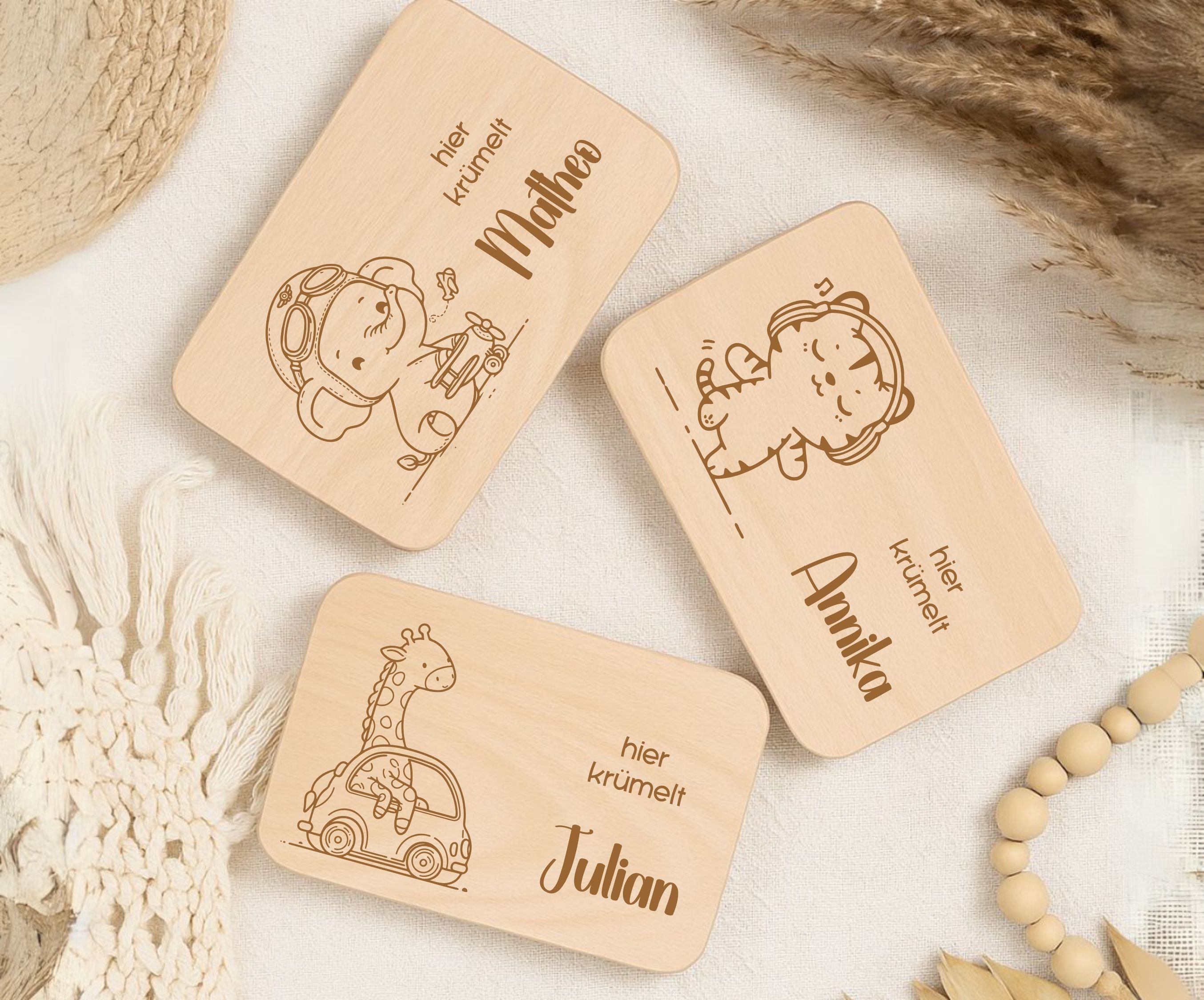 Personalisiertes Frühstücksbrettchen Kinder – Lustige Tiermotive mit Gravur (Elefant, Katze, Maus, Giraffe & Hund)