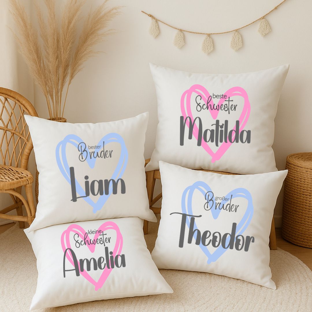 Geschwister Kissen mit Namen personalisiert Geschenk für Bruder oder Schwester