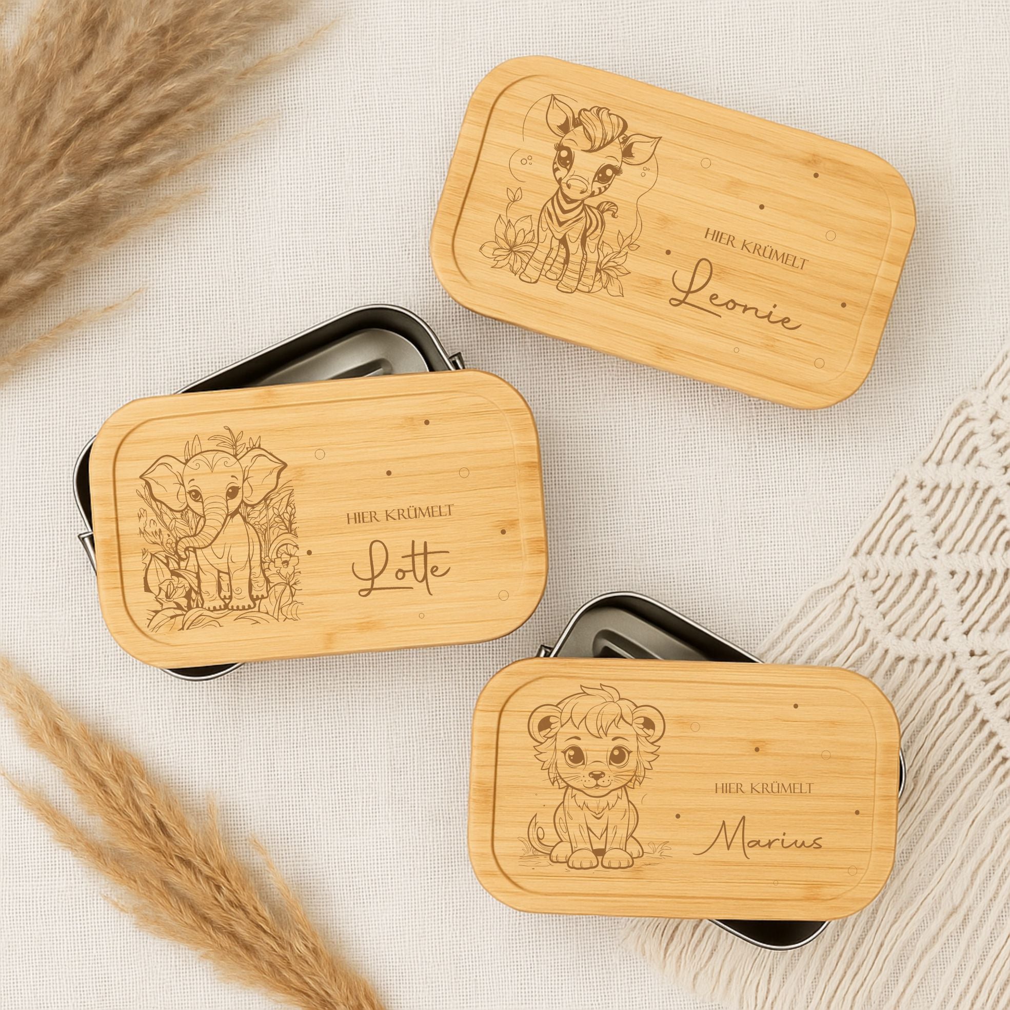 Brotdose Metall Dschungeltiere – Lunchbox mit Holzdeckel & Name