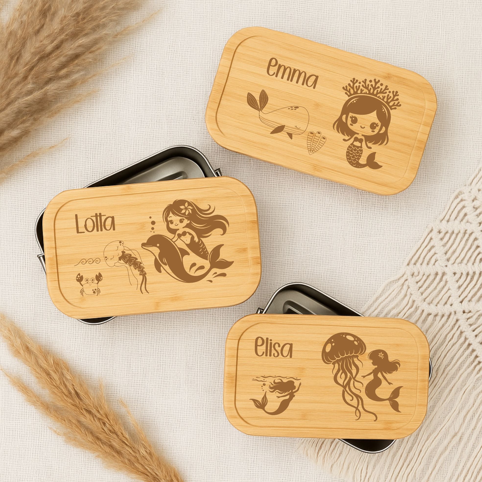 Brotdose Metall Meerjungfrau – Lunchbox mit Holzdeckel & Name