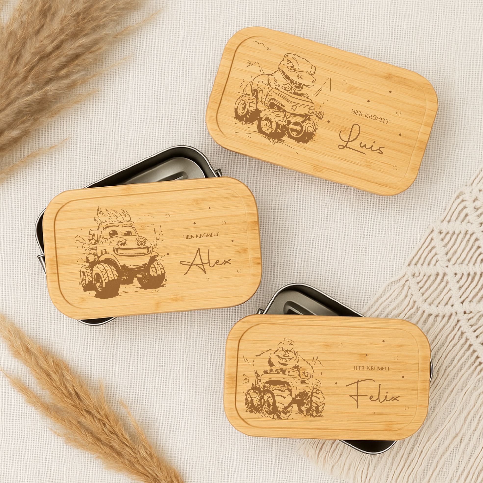 Brotdose Metall Monstertruck – Lunchbox mit Holzdeckel & Name