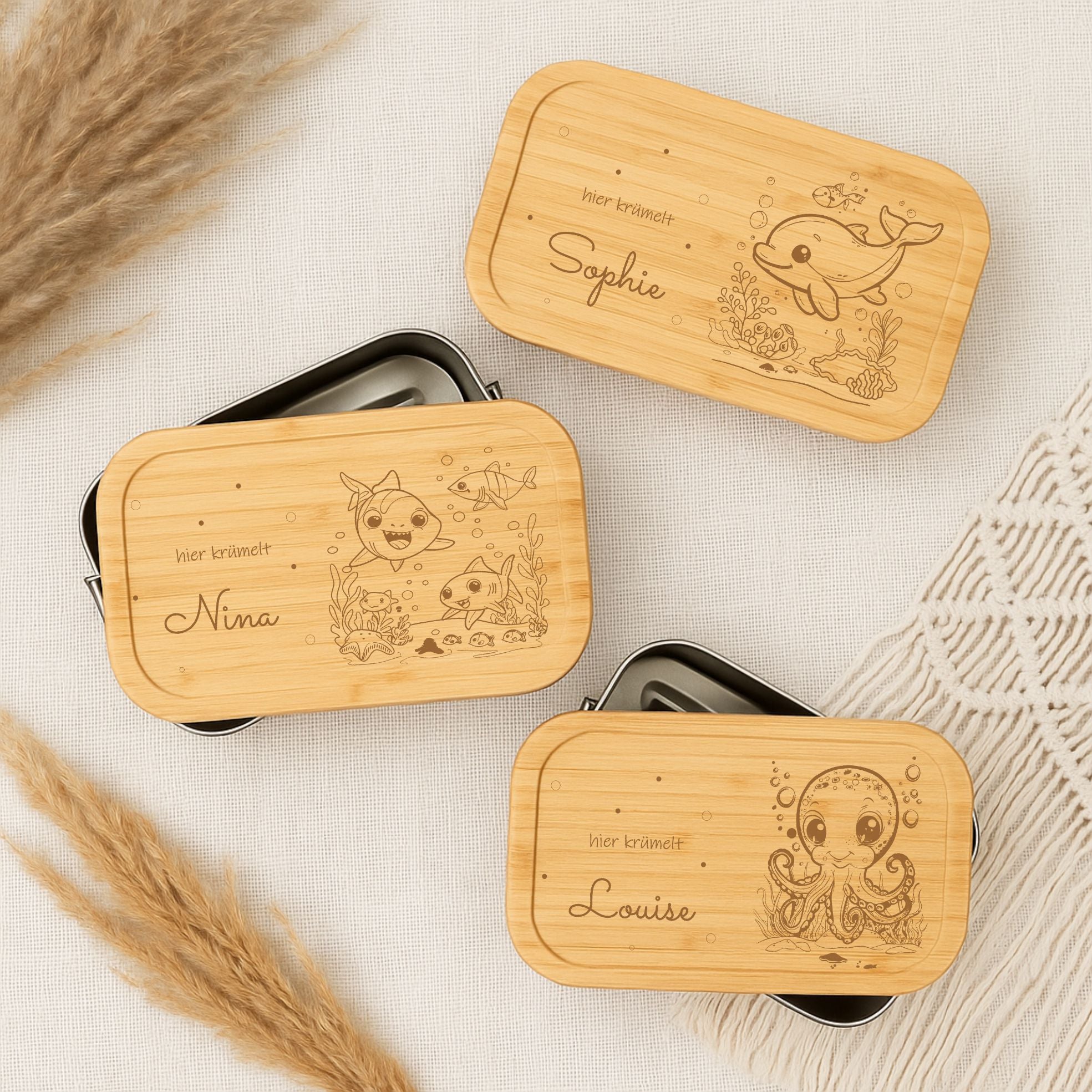 Brotdose Metall Unterwasserwelt – Holzdeckel mit Name graviert