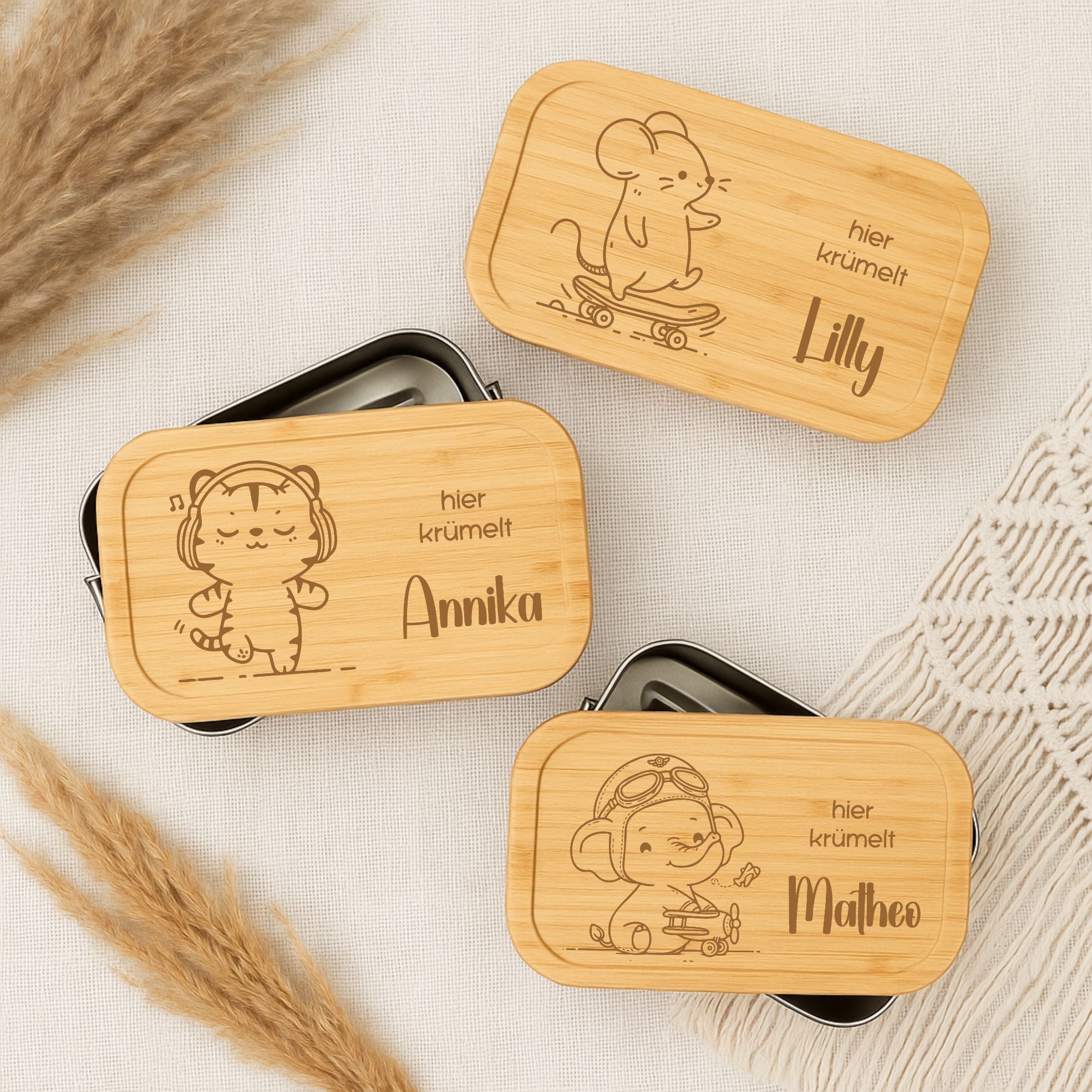 Brotdose Metall Lustige Tiere – Lunchbox mit Holzdeckel & Name