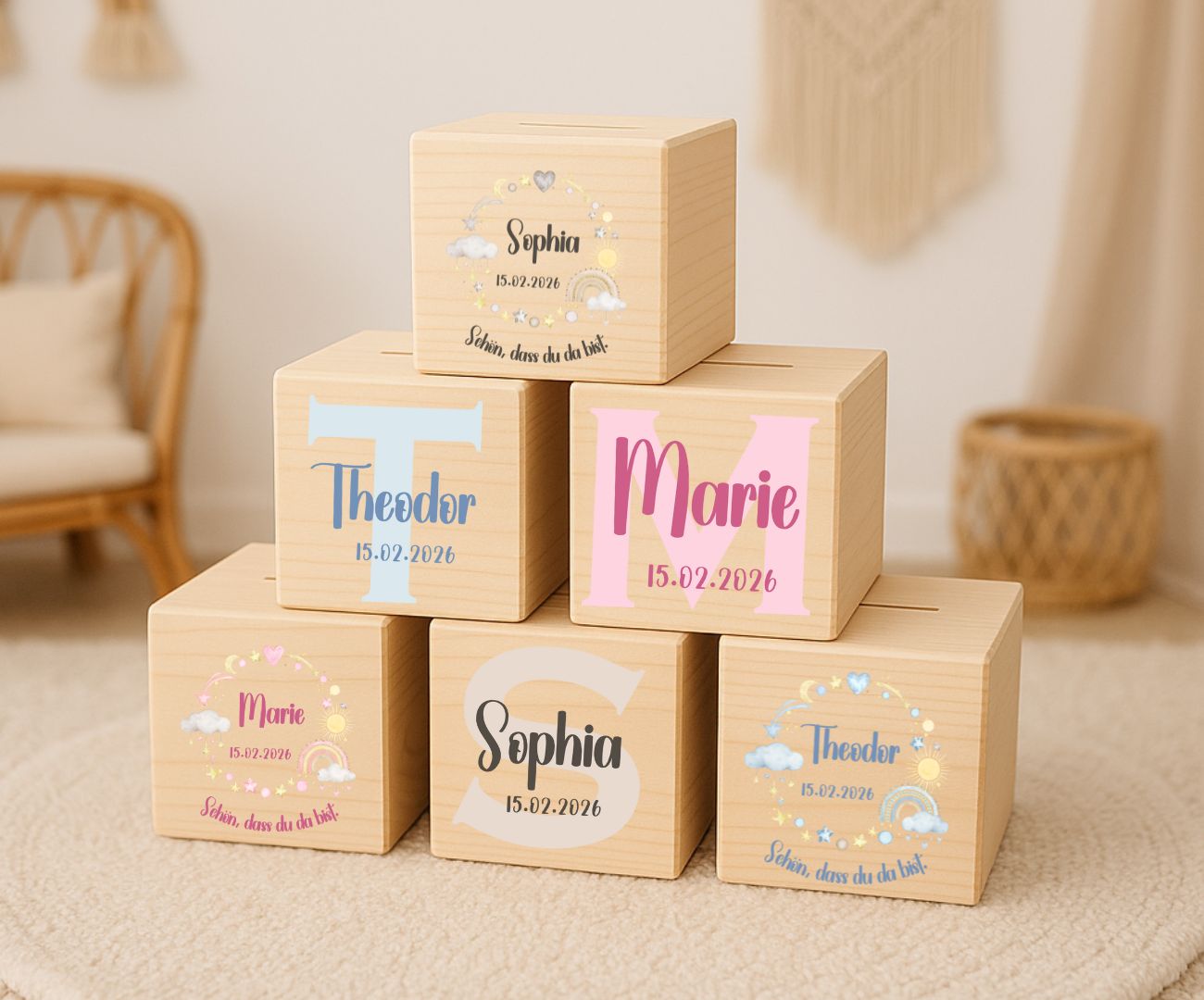 Holz Spardose Kinder personalisiert mit Namen und Geburtsdatum Geschenk zur Geburt und Taufe