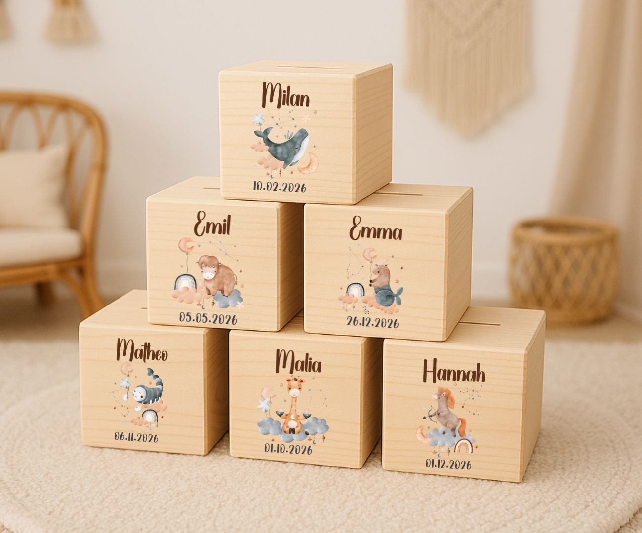 Holz Spardose Kinder personalisiert Sternzeichen mit Namen und Geburtsdatum