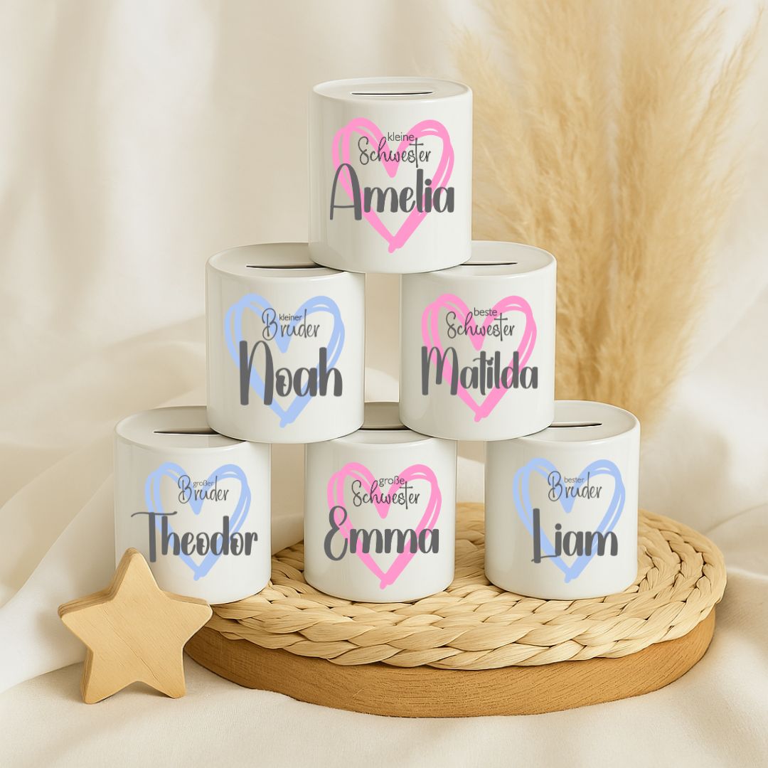 Spardose Geschwister personalisiert mit Namen Bruder Schwester Geschenk zur Geburt oder Taufe