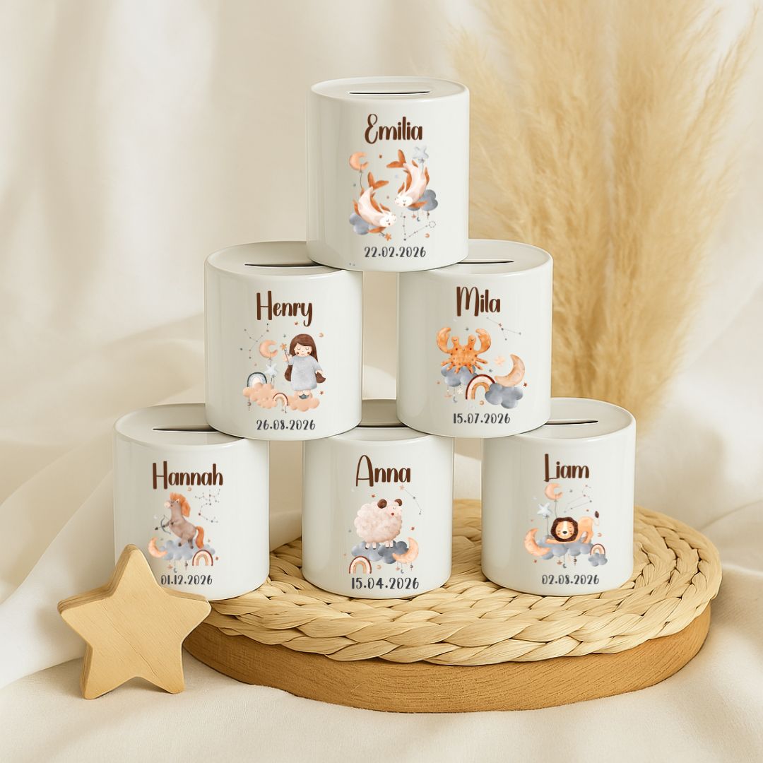 Spardose Sternzeichen mit Namen und Geburtsdatum – Personalisiertes Geschenk zur Geburt oder Taufe