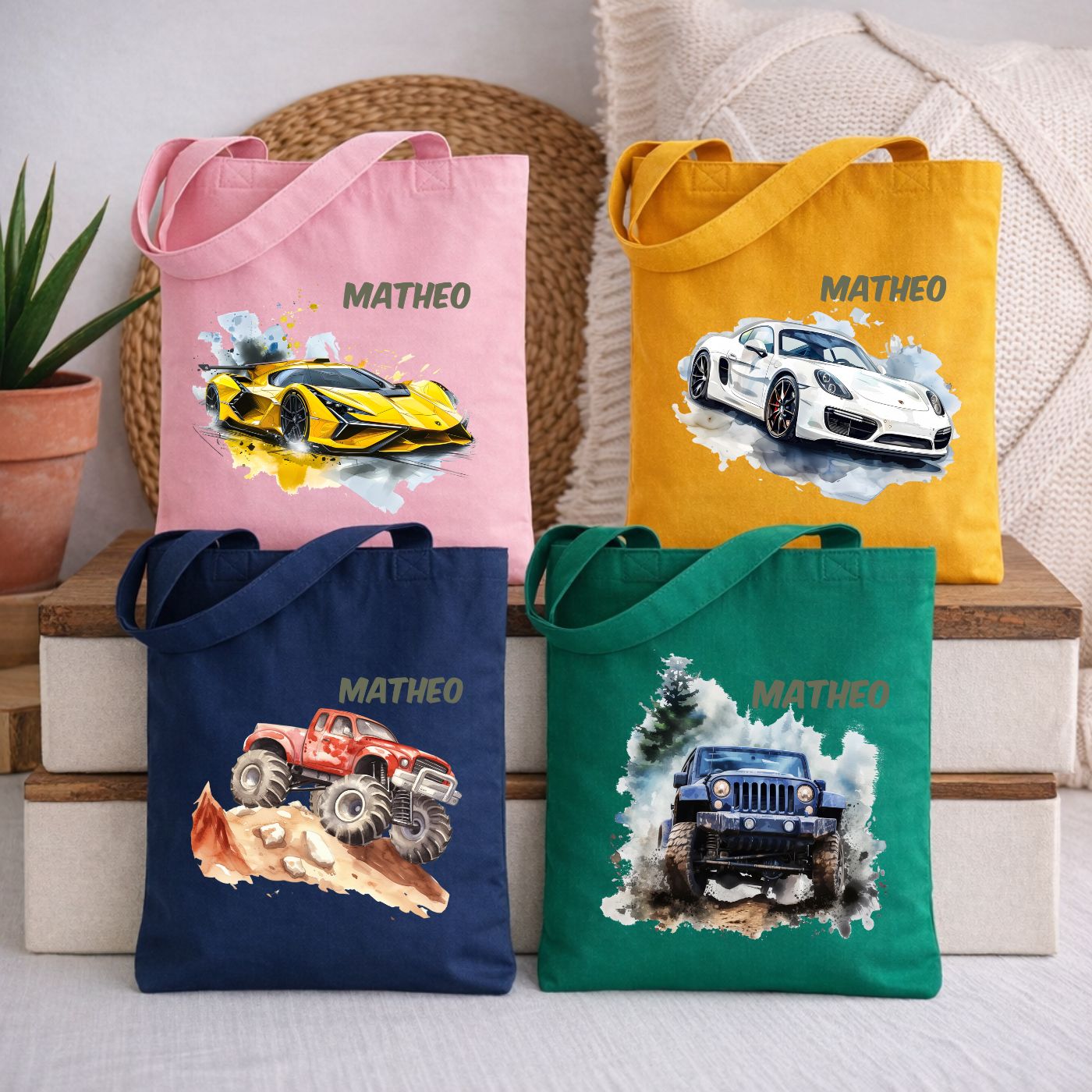 Personalisierte Kindertasche mit Auto Motiven – Stofftasche für Kindergarten & Kita