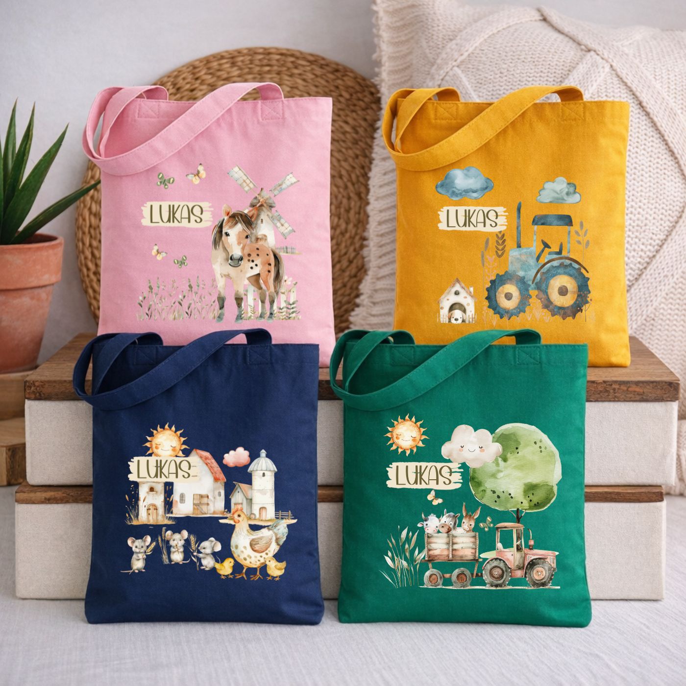 Personalisierte Kindertasche mit Bauernhof Motiven – Stofftasche für Kindergarten & Kita