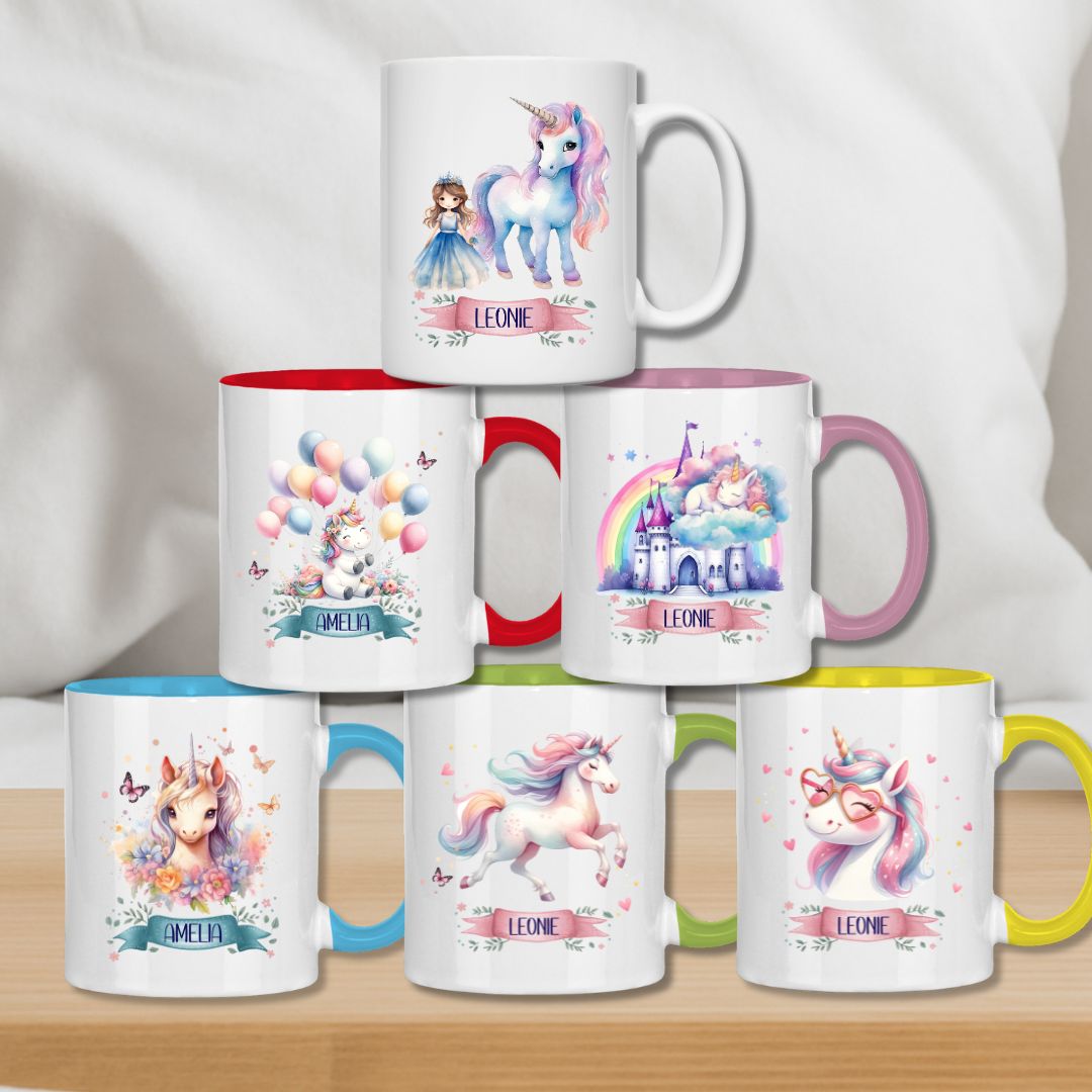 Kindertasse personalisiert – Keramiktasse mit Einhorn und Namen für Mädchen