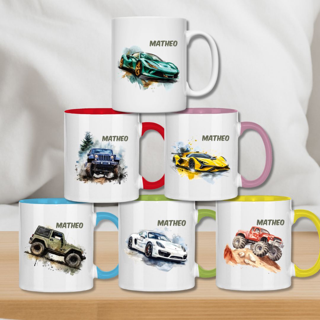 Kindertasse personalisiert – Keramiktasse mit Auto oder Rennwagen und Namen