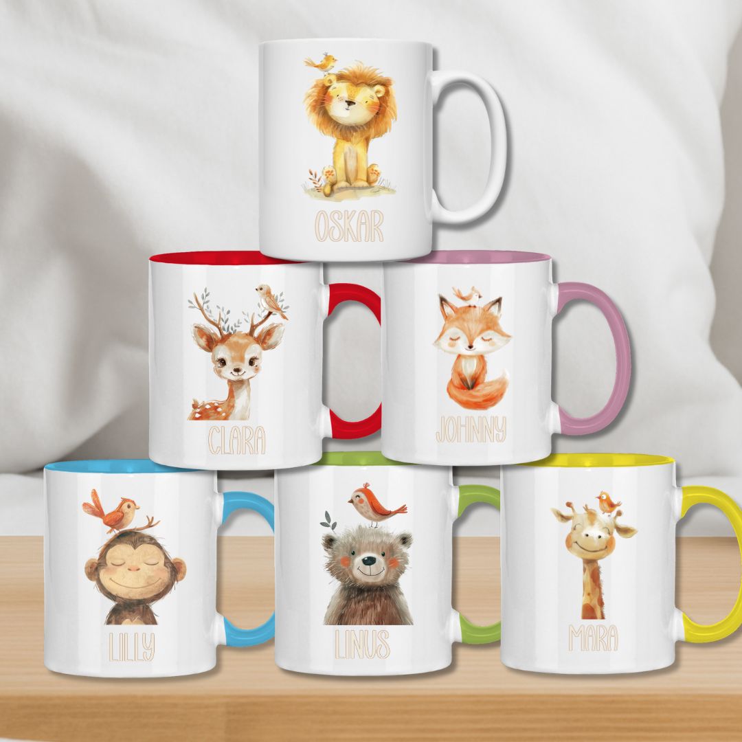 Kindertasse personalisiert – Keramiktasse mit Tieren und Namen