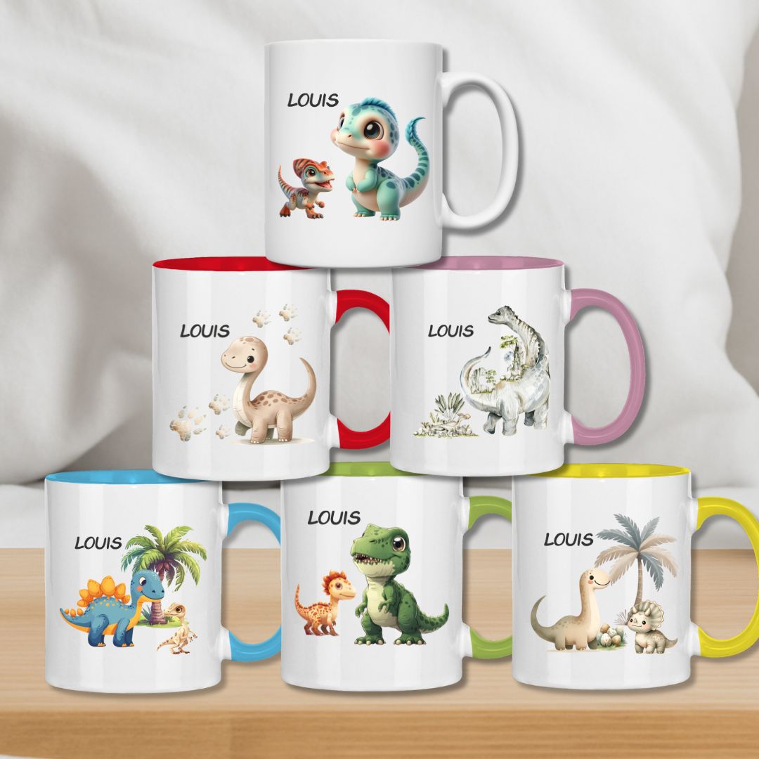 Kindertasse personalisiert – Keramiktasse mit Dinosaurier und Namen für Kinder