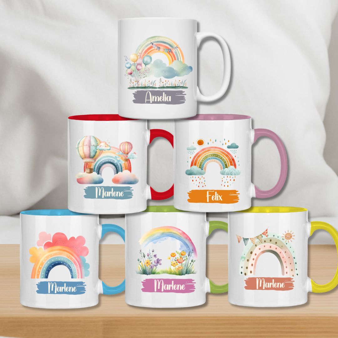 Kindertasse personalisiert – Keramiktasse mit Regenbogen und Namen