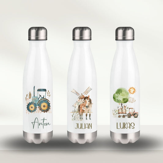 Isolierte Trinkflasche mit Bauernhof Motiven für Kinder mit Namen - Traktor, Pferd, Dorf, Kuh