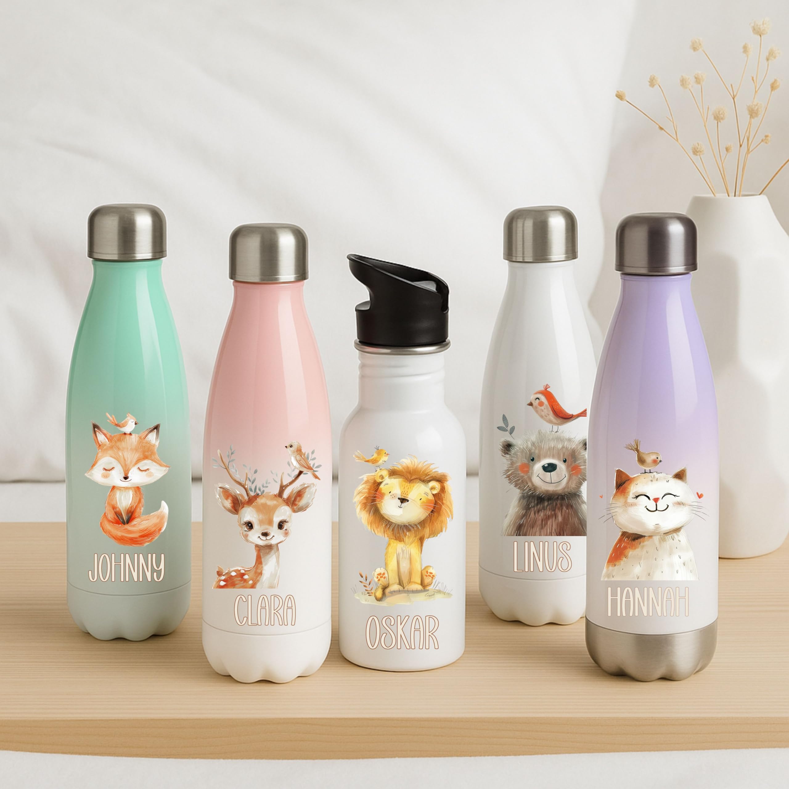 Thermo Trinkflasche für Kinder – Tiermotive Beige