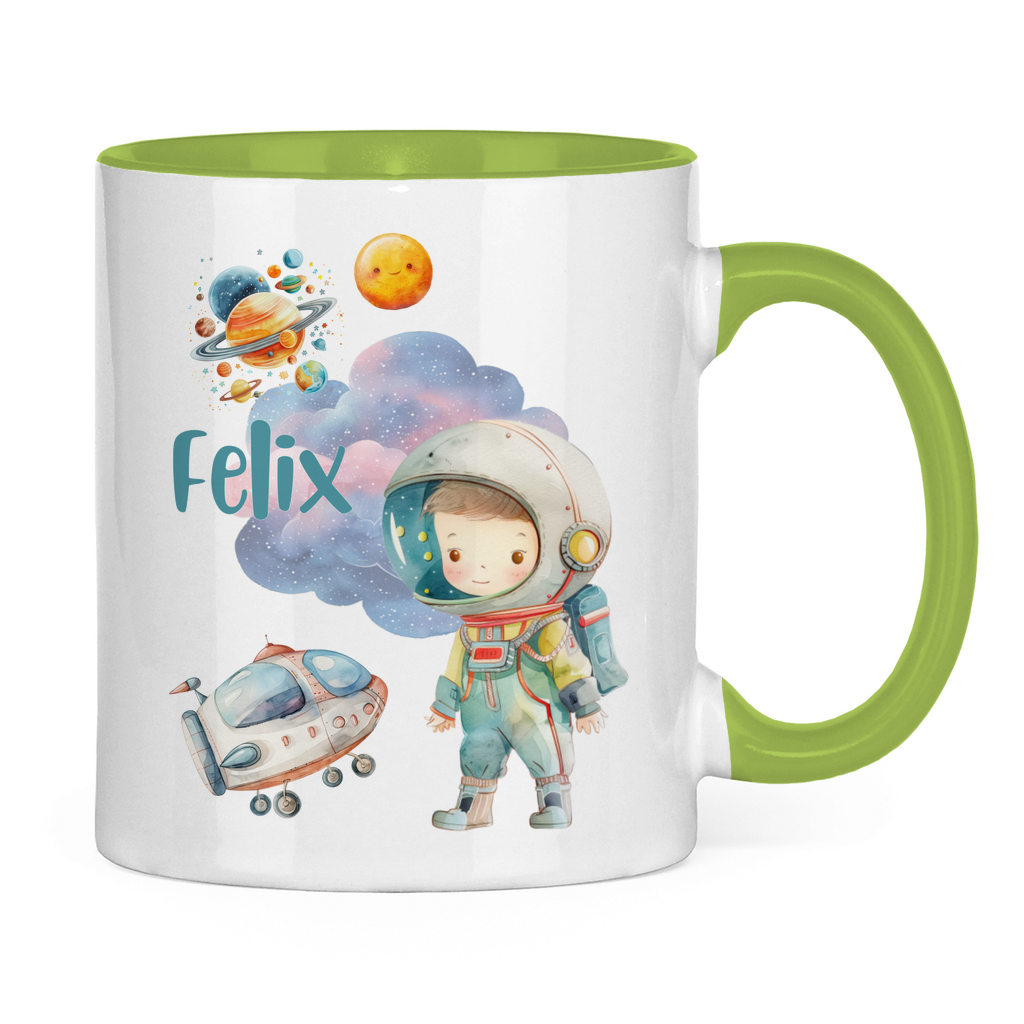 Kindertasse personalisiert – Keramiktasse mit Weltall, Rakete und Namen