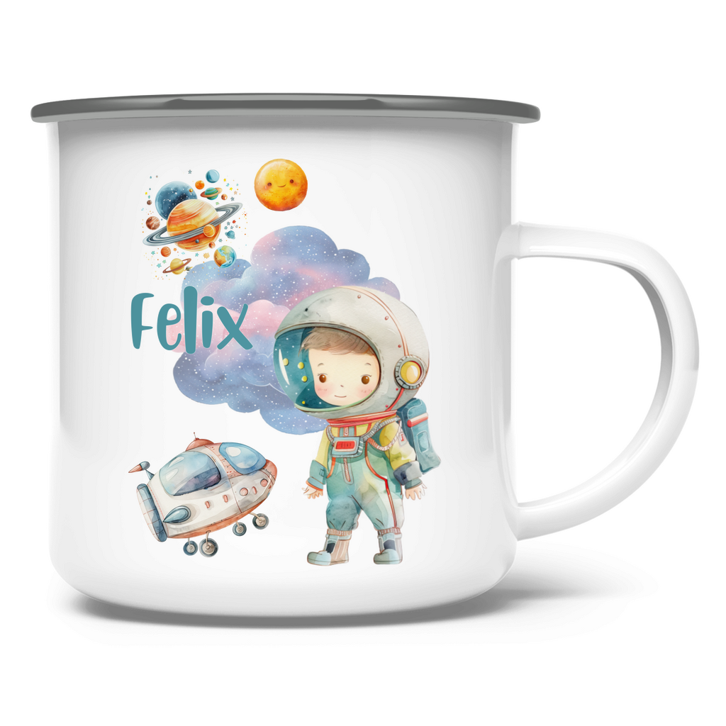 Emaille Tasse personalisiert – Kindertasse mit Namen und Weltall-Motiv