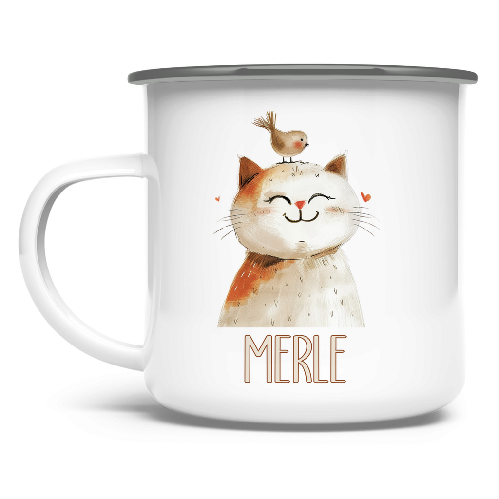 Emaille Tasse personalisiert – Kindertasse mit Namen und beigen Tieren