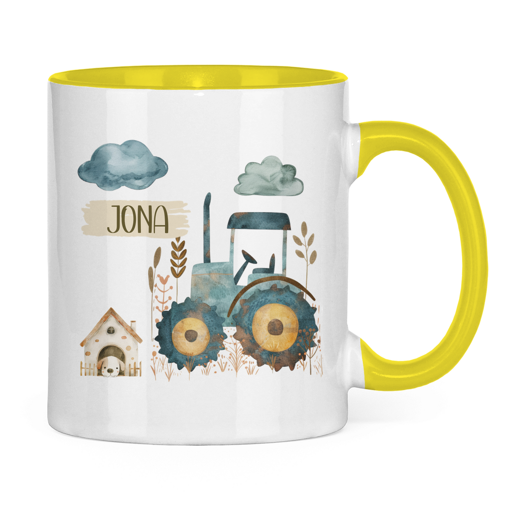Kindertasse personalisiert – Keramiktasse mit Traktor und Namen für Kinder
