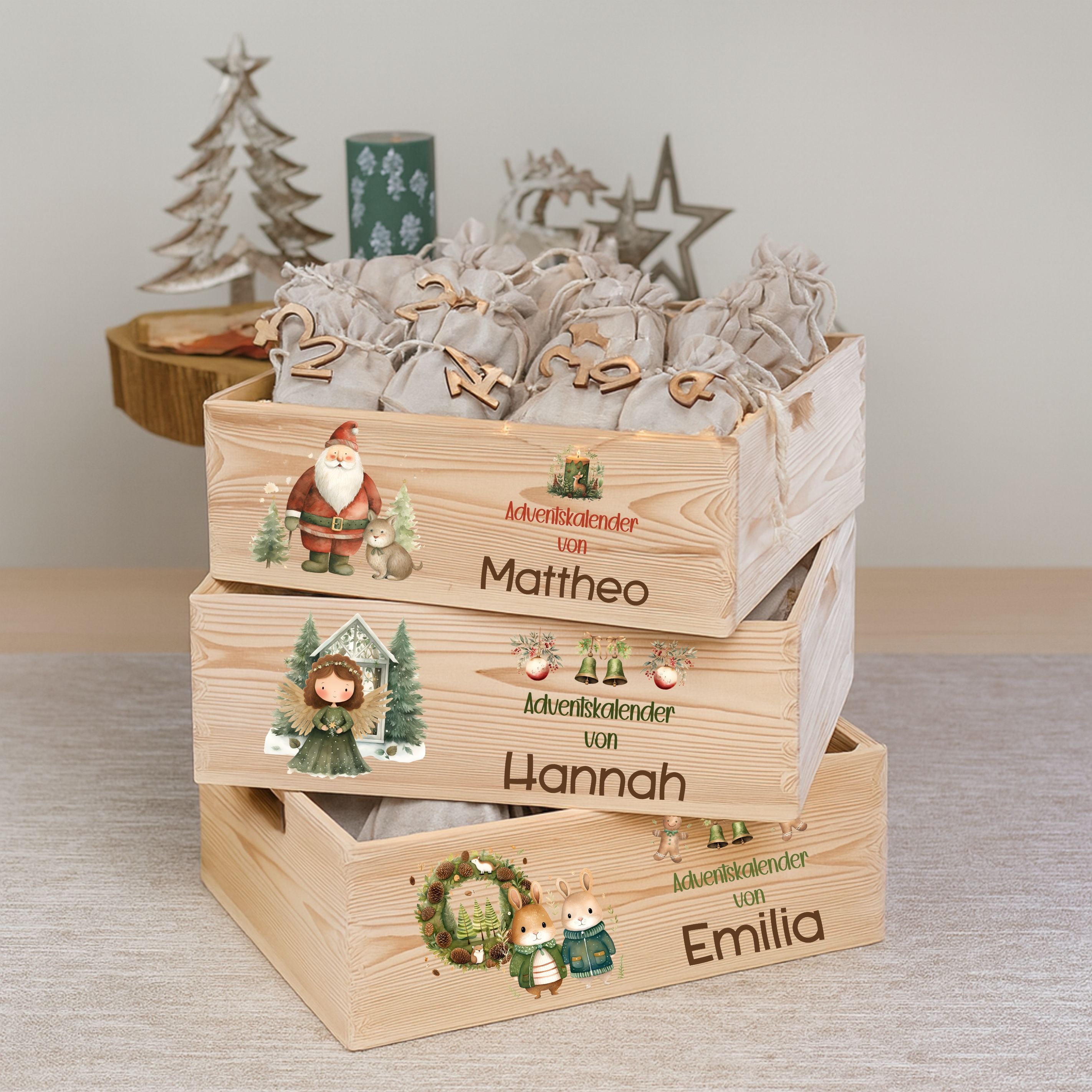 Adventskiste aus Holz mit Namen & Christkind Weihnachtsmann Motive