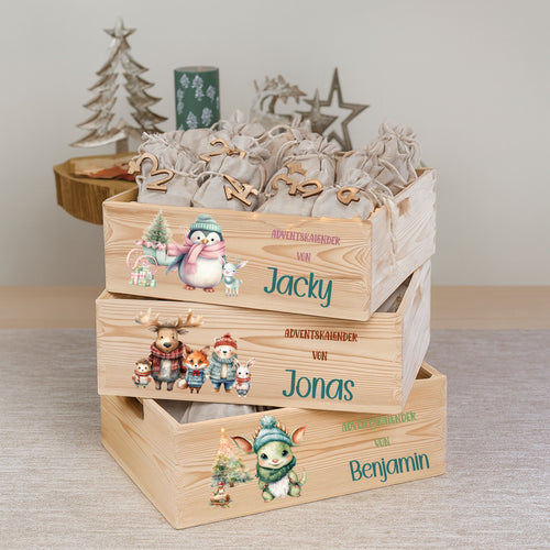 Adventskiste aus Holz mit Namen & Waldtiere Motiv