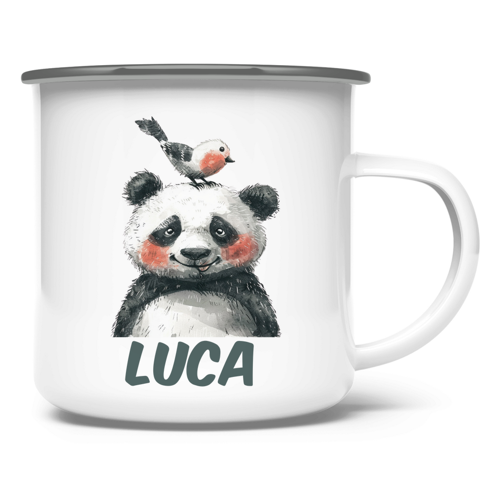 Emaille Tasse personalisiert – Kindertasse mit Namen und bunten Tieren