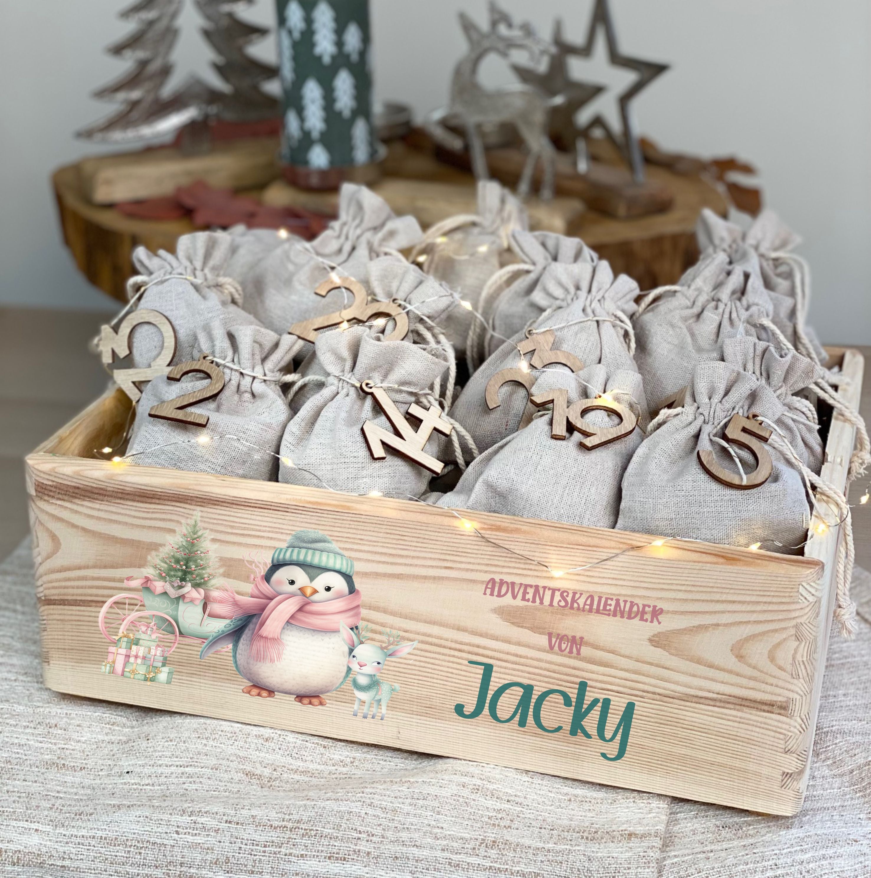 Adventskiste aus Holz mit Namen & Waldtiere Motiv