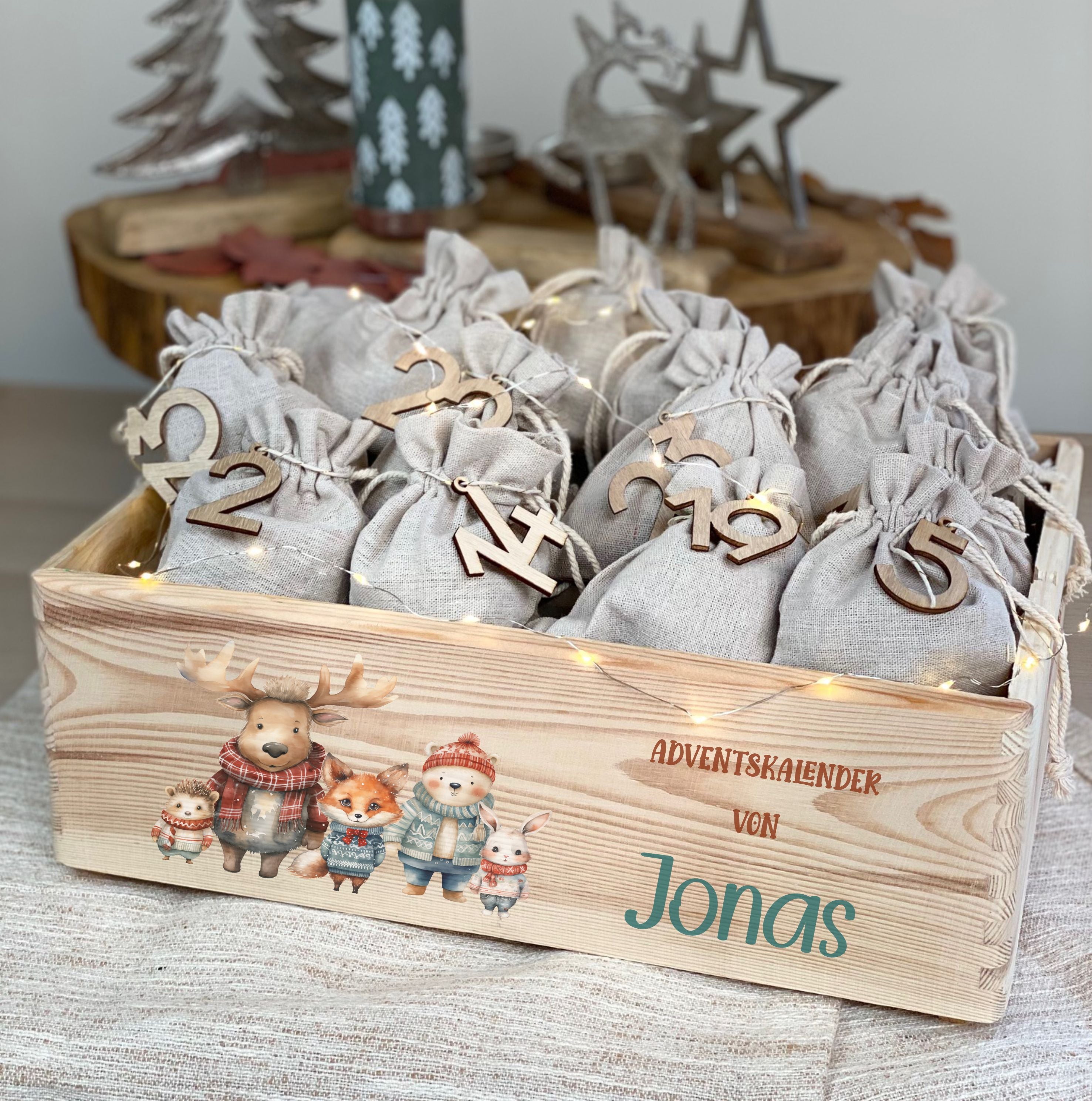 Adventskiste aus Holz mit Namen & Waldtiere Motiv