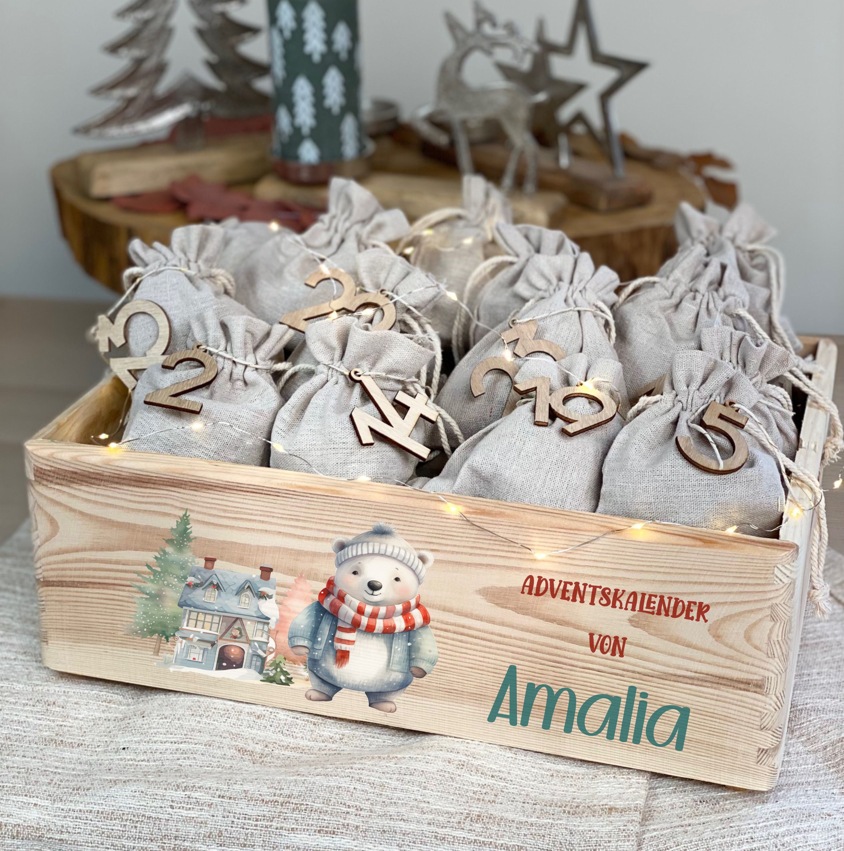 Adventskiste aus Holz mit Namen & Waldtiere Motiv