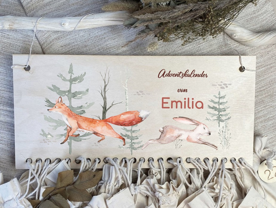 Adventskalender aus Holz und Stoffsäckchen Fuchs im Wald