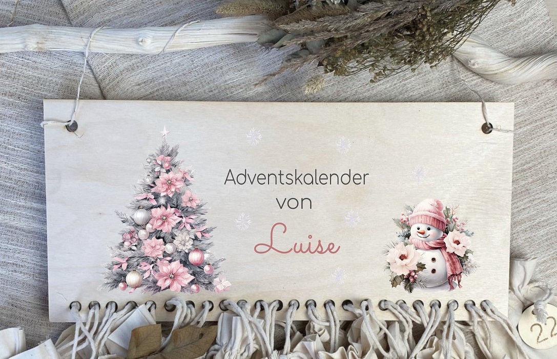 Adventskalender mit Namen und Stoffsäckchen rosa Tannenbaum